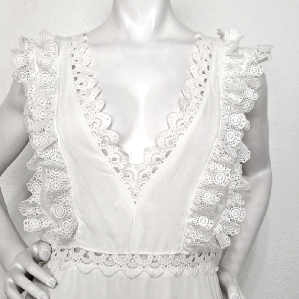 Entro White Ruffle Eyelet Coquette Romantic V-Neck Cottagecore Mini Dress Size L - Picture 3 of 16